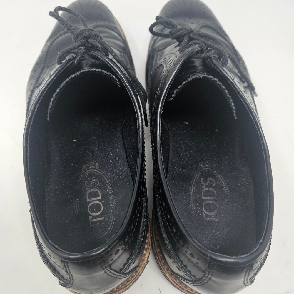 Tods Mens Black Leather Wingtip Brogue Derby Shoes Made in Italy Size 9.5 A - Picture 5 of 9